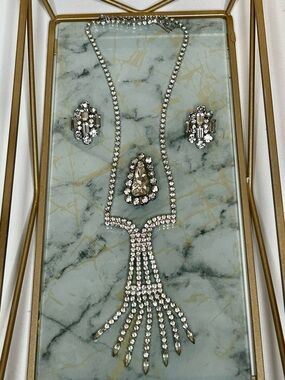 Vintage Rhinestone Jewelry Set Necklace Brooch Earrings Bridal Prom Formal